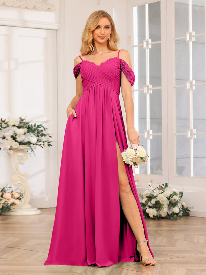 A-Line/Princess Spaghetti Straps Long Wedding Party Dresses with Split Side &amp; Pockets