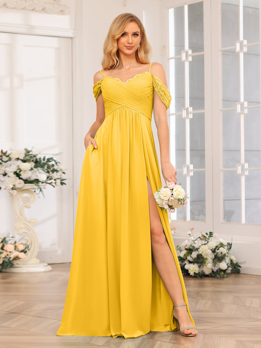 A-Line/Princess Spaghetti Straps Long Wedding Party Dresses with Split Side &amp; Pockets