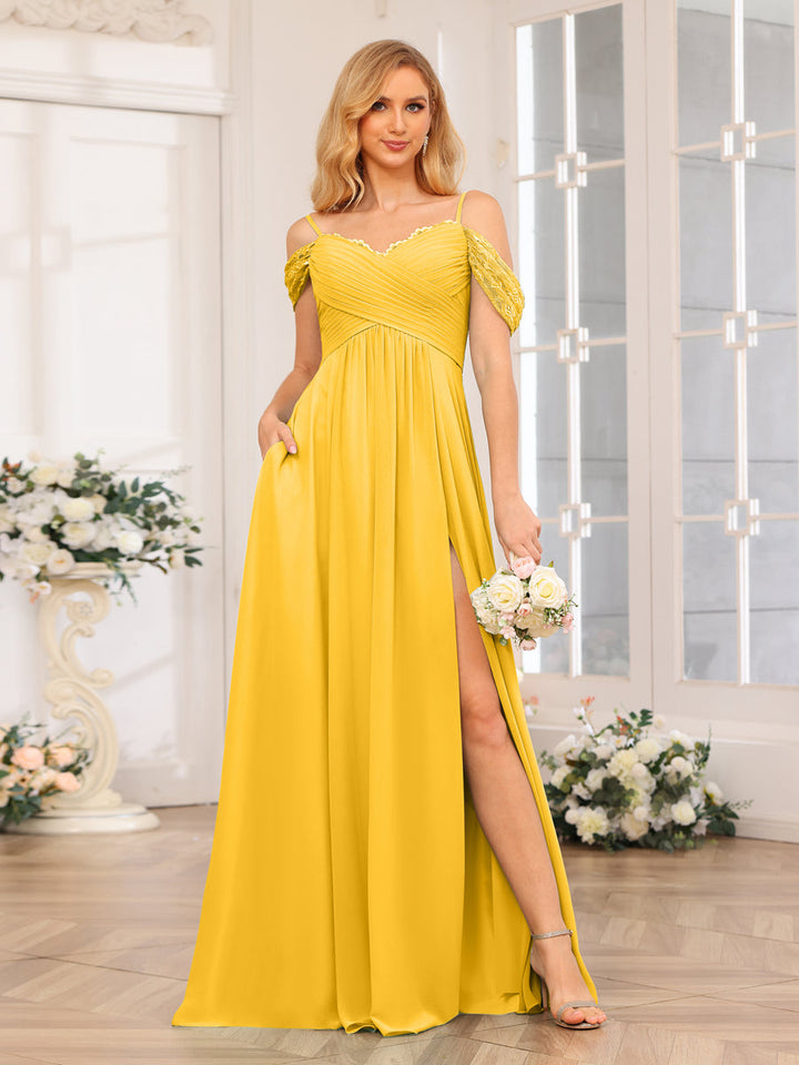A-Line/Princess Spaghetti Straps Long Wedding Party Dresses with Split Side &amp; Pockets