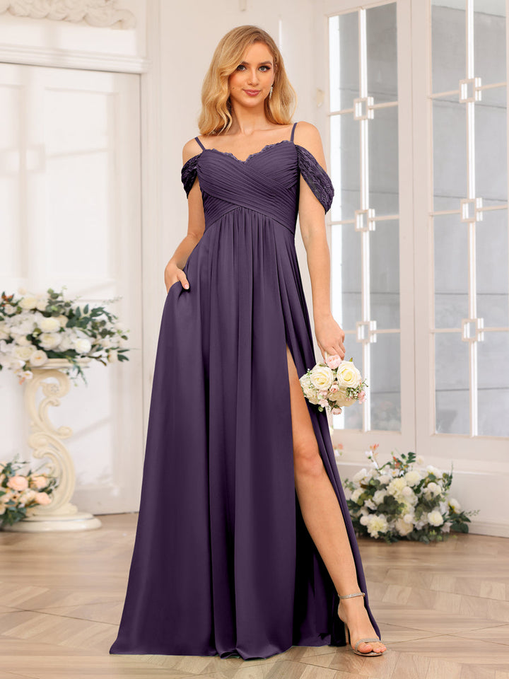 A-Line/Princess Spaghetti Straps Long Wedding Party Dresses with Split Side &amp; Pockets
