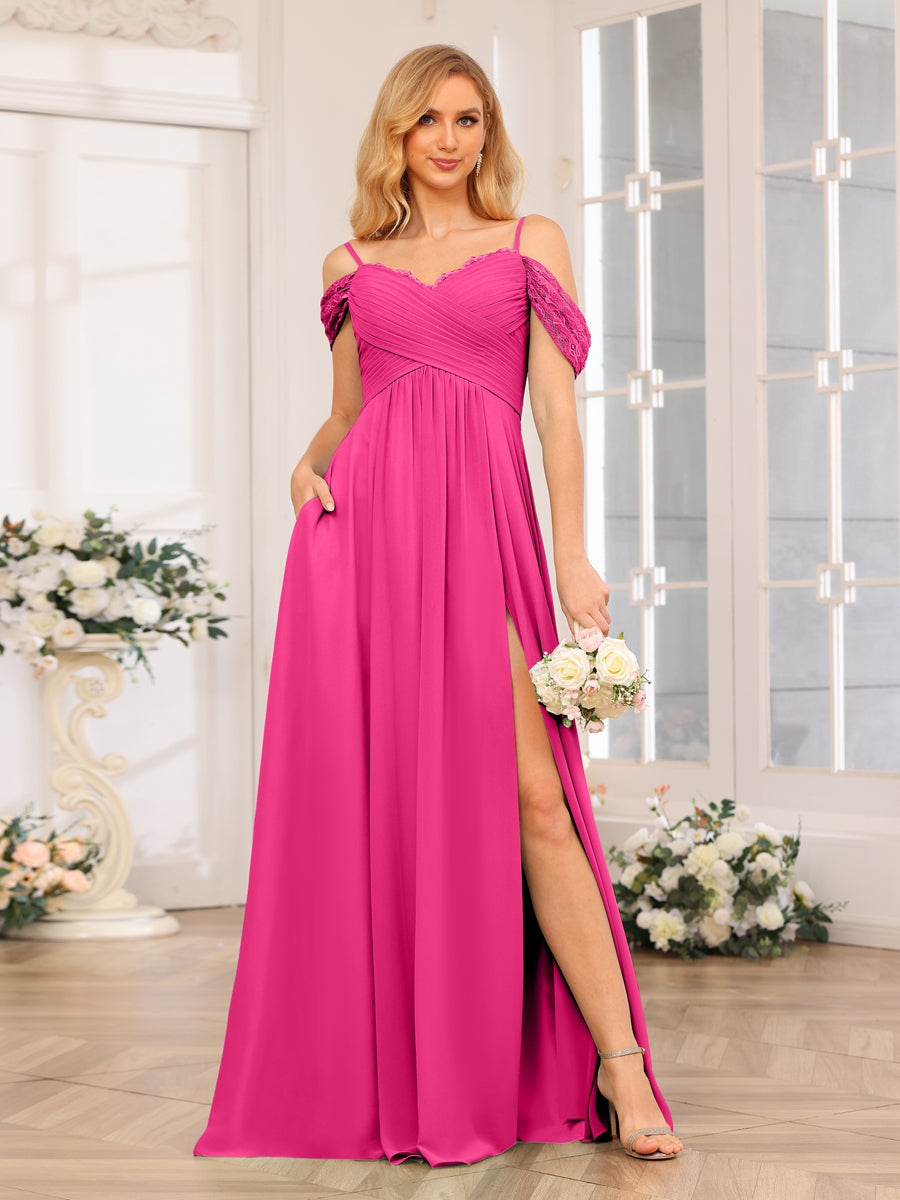 A-Line/Princess Spaghetti Straps Long Wedding Party Dresses with Split Side &amp; Pockets
