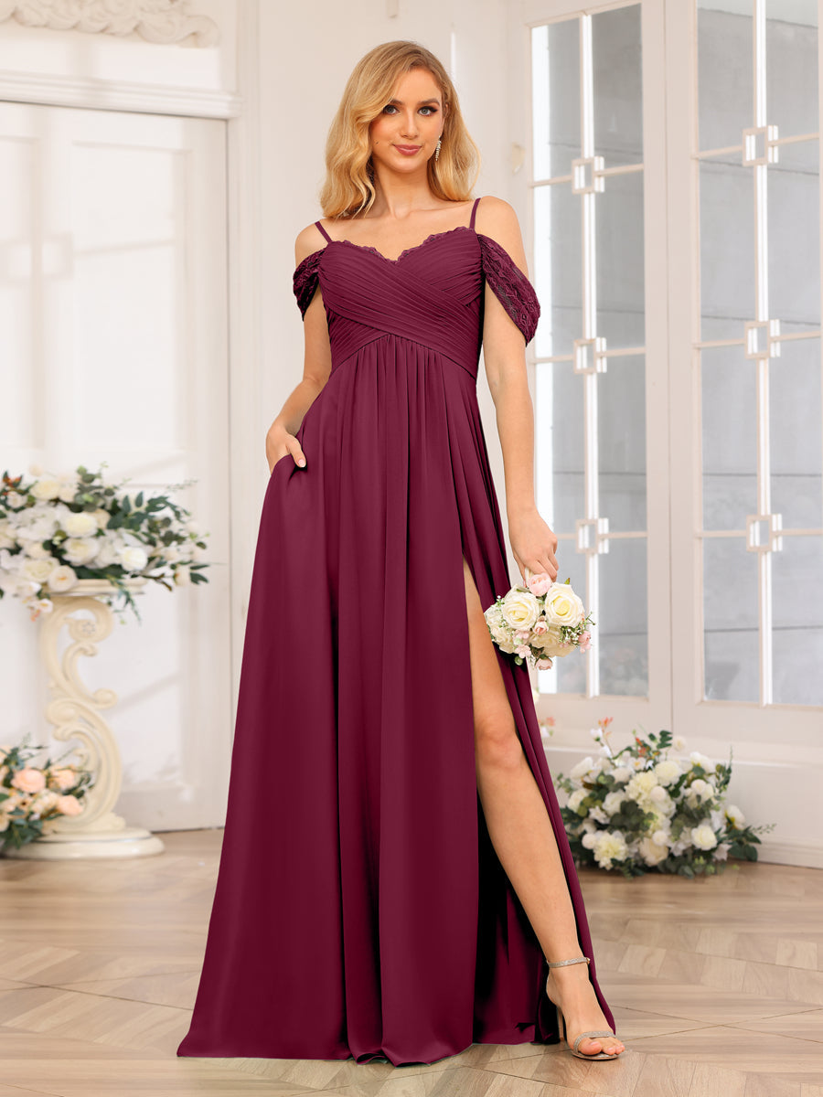 A-Line/Princess Spaghetti Straps Long Wedding Party Dresses with Split Side &amp; Pockets