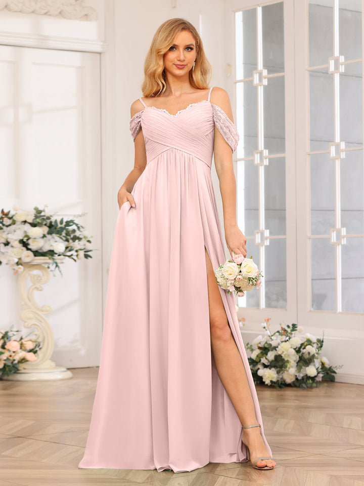 A-Line/Princess Spaghetti Straps Long Wedding Party Dresses with Split Side &amp; Pockets