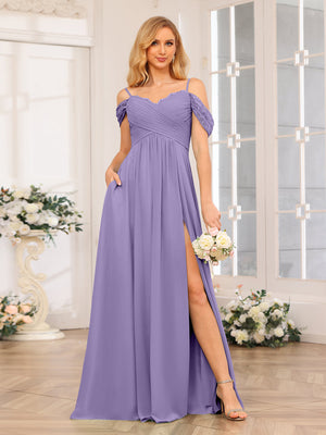 A-Line/Princess Spaghetti Straps Long Wedding Party Dresses with Split Side & Pockets