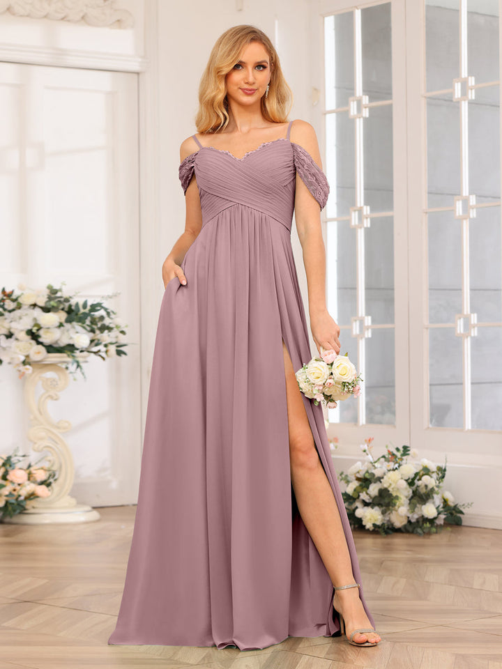A-Line/Princess Spaghetti Straps Long Wedding Party Dresses with Split Side &amp; Pockets