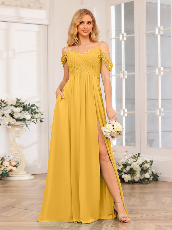 A-Line/Princess Spaghetti Straps Long Wedding Party Dresses with Split Side &amp; Pockets