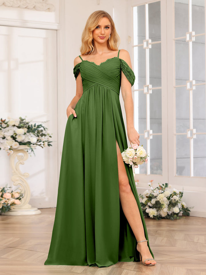 A-Line/Princess Spaghetti Straps Long Wedding Party Dresses with Split Side &amp; Pockets