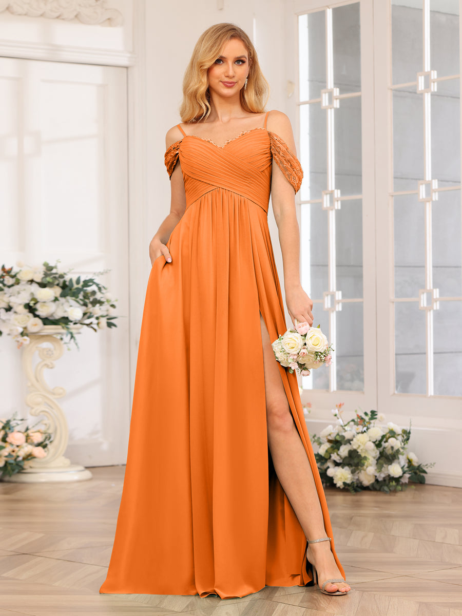 A-Line/Princess Spaghetti Straps Long Wedding Party Dresses with Split Side &amp; Pockets