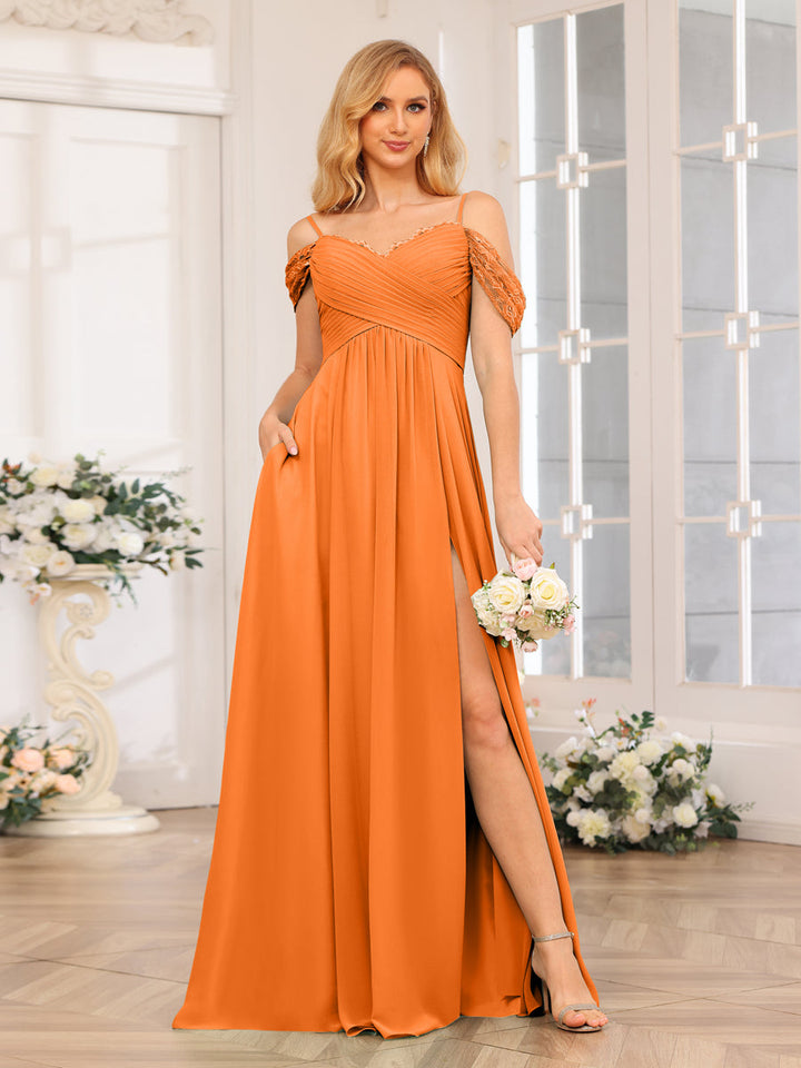 A-Line/Princess Spaghetti Straps Long Wedding Party Dresses with Split Side &amp; Pockets