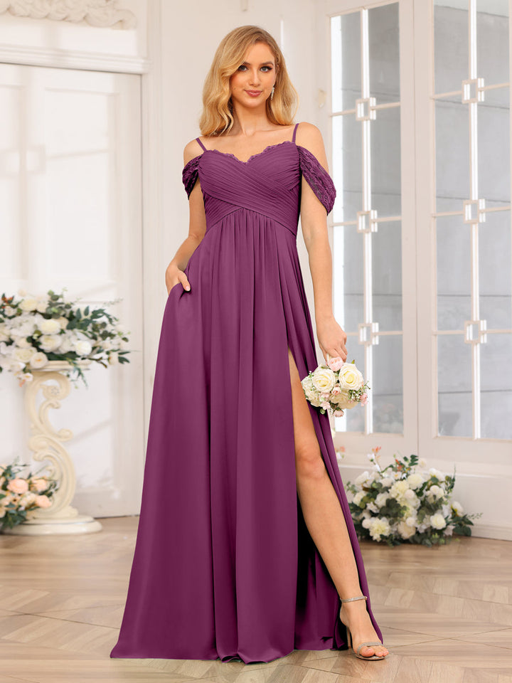 A-Line/Princess Spaghetti Straps Long Wedding Party Dresses with Split Side &amp; Pockets