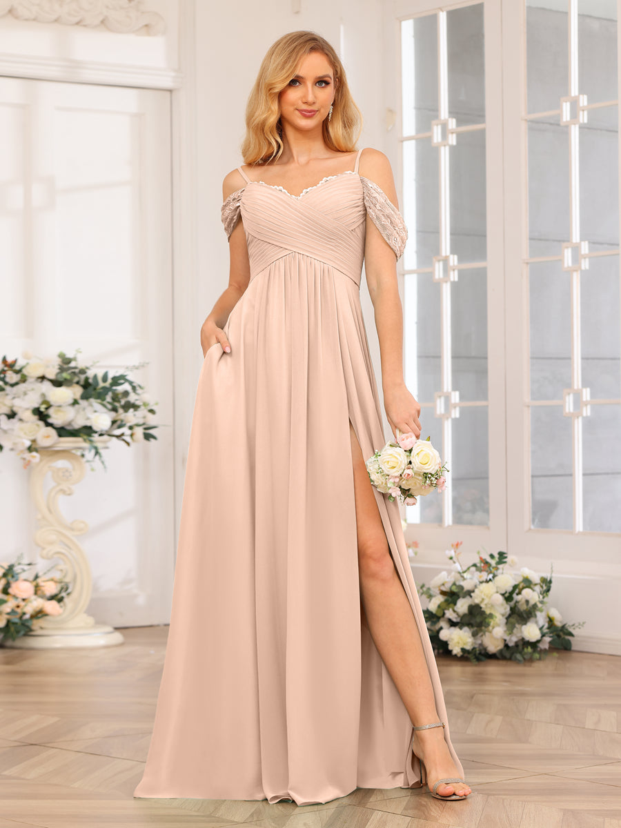A-Line/Princess Spaghetti Straps Long Wedding Party Dresses with Split Side &amp; Pockets