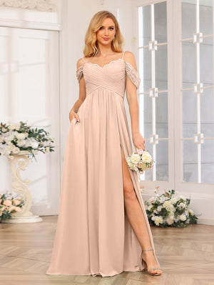 A-Line/Princess Spaghetti Straps Long Wedding Party Dresses with Split Side & Pockets