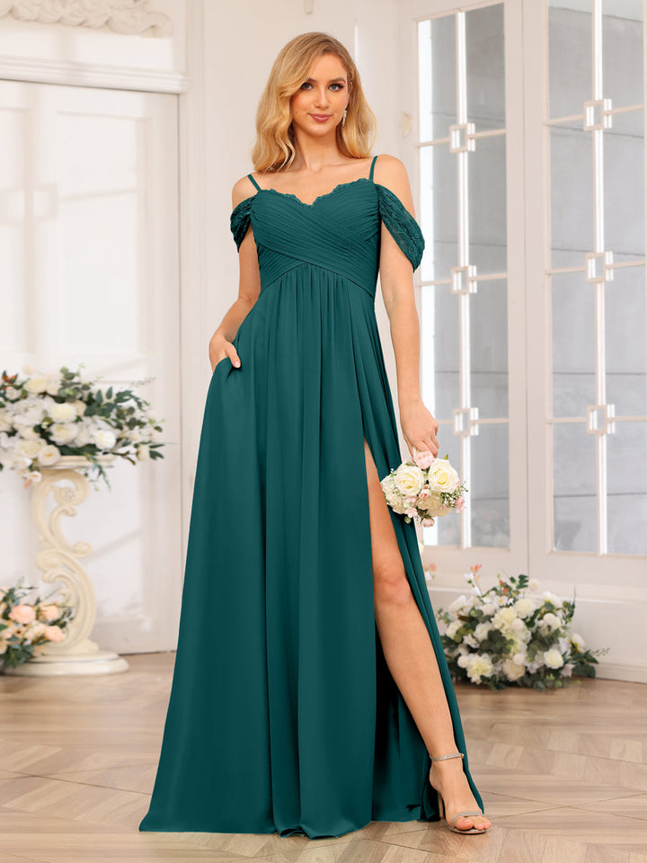 A-Line/Princess Spaghetti Straps Long Wedding Party Dresses with Split Side &amp; Pockets