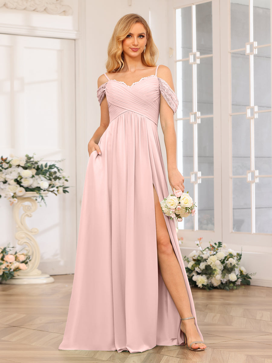 A-Line/Princess Spaghetti Straps Long Wedding Party Dresses with Split Side &amp; Pockets