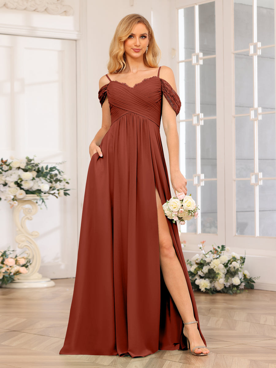 A-Line/Princess Spaghetti Straps Long Wedding Party Dresses with Split Side &amp; Pockets