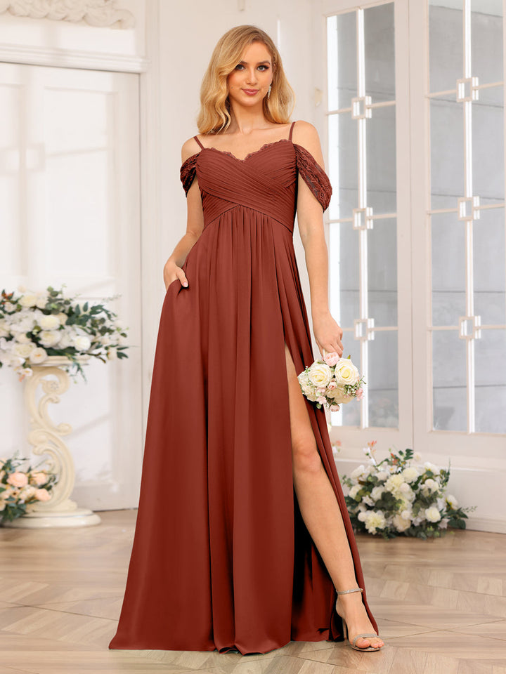 A-Line/Princess Spaghetti Straps Long Wedding Party Dresses with Split Side &amp; Pockets