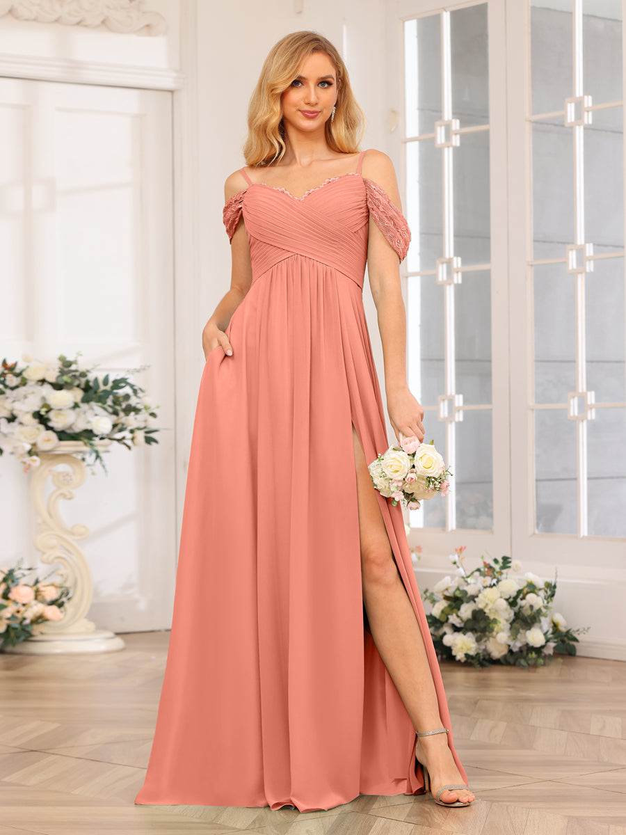 A-Line/Princess Spaghetti Straps Long Wedding Party Dresses with Split Side &amp; Pockets