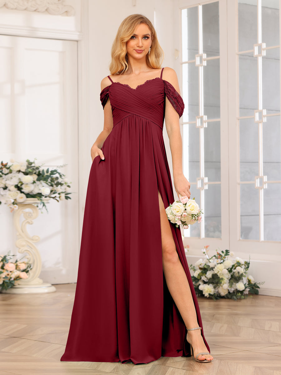 A-Line/Princess Spaghetti Straps Long Wedding Party Dresses with Split Side &amp; Pockets