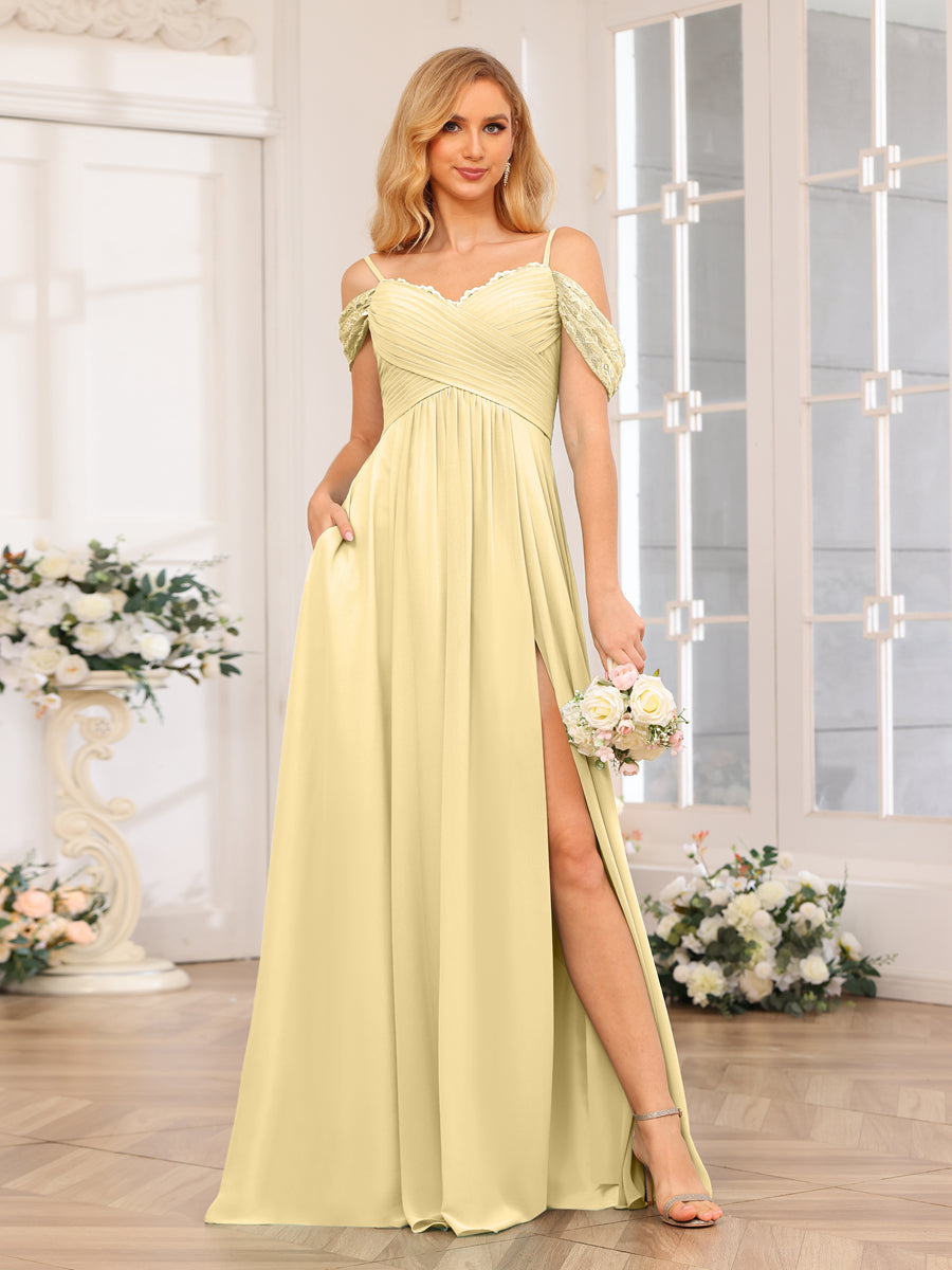 A-Line/Princess Spaghetti Straps Long Wedding Party Dresses with Split Side &amp; Pockets