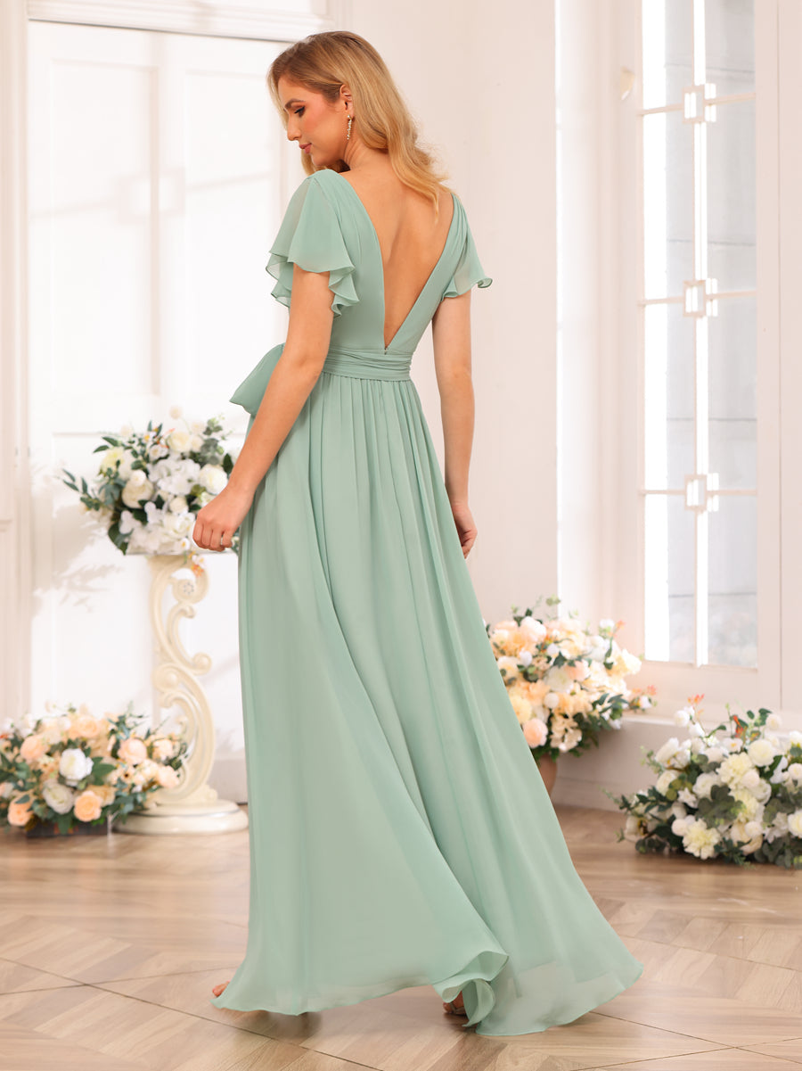 A-Line/Princess V-Neck Long Wedding Party Dresses with Split Side &amp; Sash
