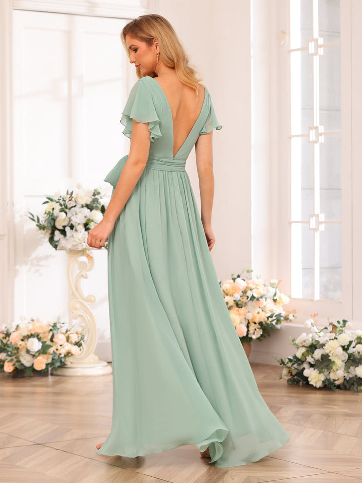 A-Line/Princess V-Neck Long Wedding Party Dresses with Split Side &amp; Sash