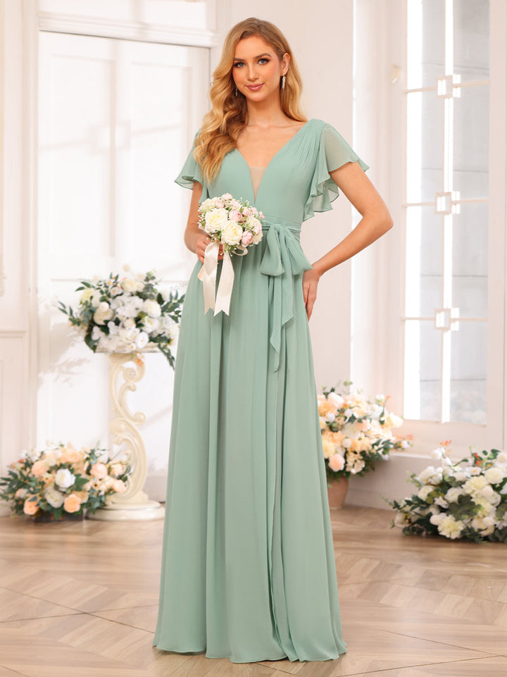 A-Line/Princess V-Neck Long Wedding Party Dresses with Split Side &amp; Sash