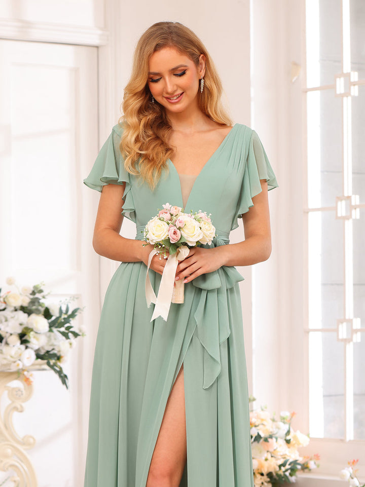 A-Line/Princess V-Neck Long Wedding Party Dresses with Split Side &amp; Sash