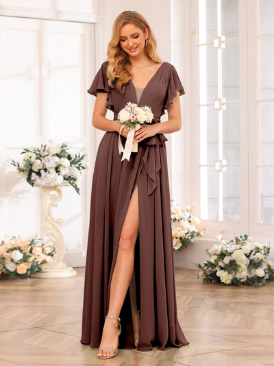A-Line/Princess V-Neck Long Wedding Party Dresses with Split Side & Sash