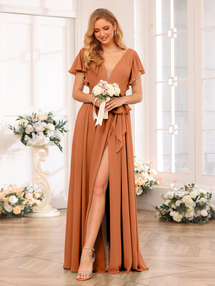 A-Line/Princess V-Neck Long Wedding Party Dresses with Split Side &amp; Sash
