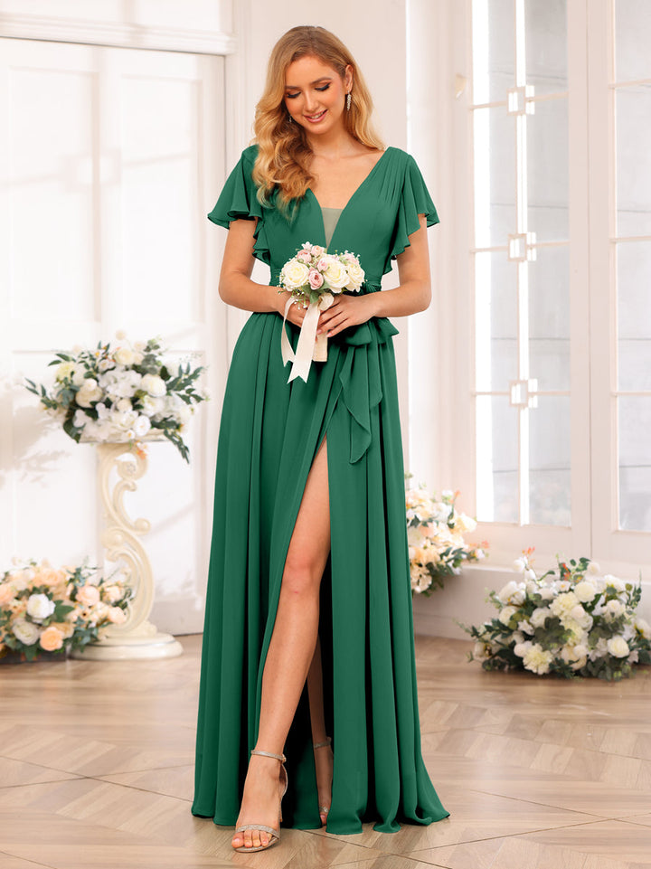A-Line/Princess V-Neck Long Wedding Party Dresses with Split Side &amp; Sash