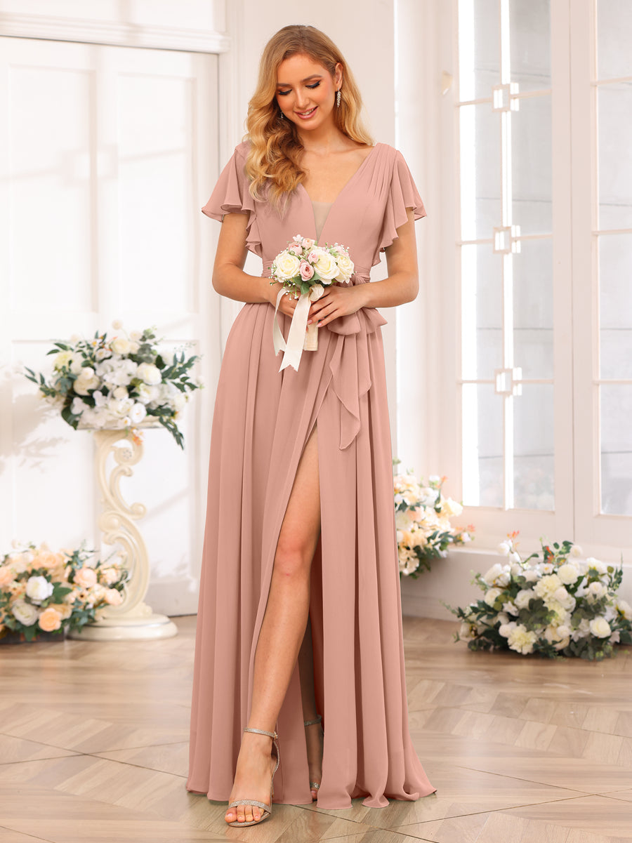 A-Line/Princess V-Neck Long Wedding Party Dresses with Split Side &amp; Sash