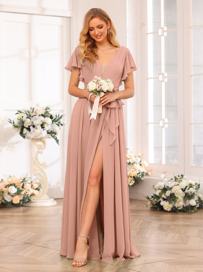 A-Line/Princess V-Neck Long Wedding Party Dresses with Split Side & Sash