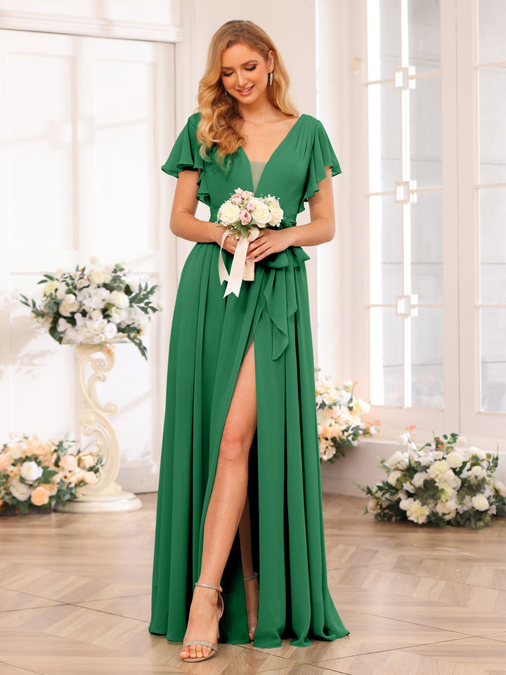 A-Line/Princess V-Neck Long Wedding Party Dresses with Split Side &amp; Sash