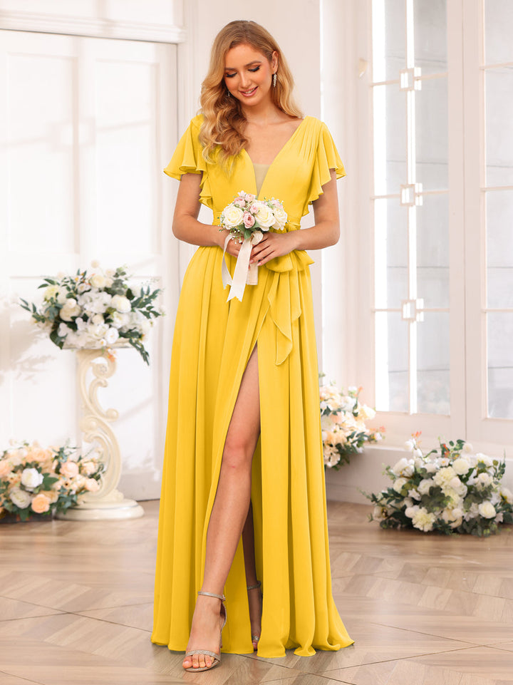 A-Line/Princess V-Neck Long Wedding Party Dresses with Split Side &amp; Sash