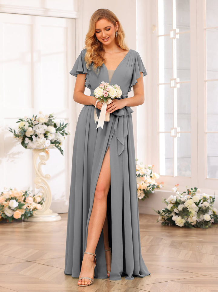 A-Line/Princess V-Neck Long Wedding Party Dresses with Split Side &amp; Sash