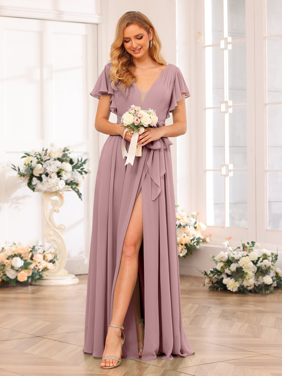 A-Line/Princess V-Neck Long Wedding Party Dresses with Split Side &amp; Sash