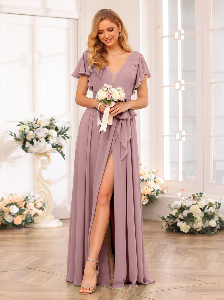 A-Line/Princess V-Neck Long Wedding Party Dresses with Split Side &amp; Sash