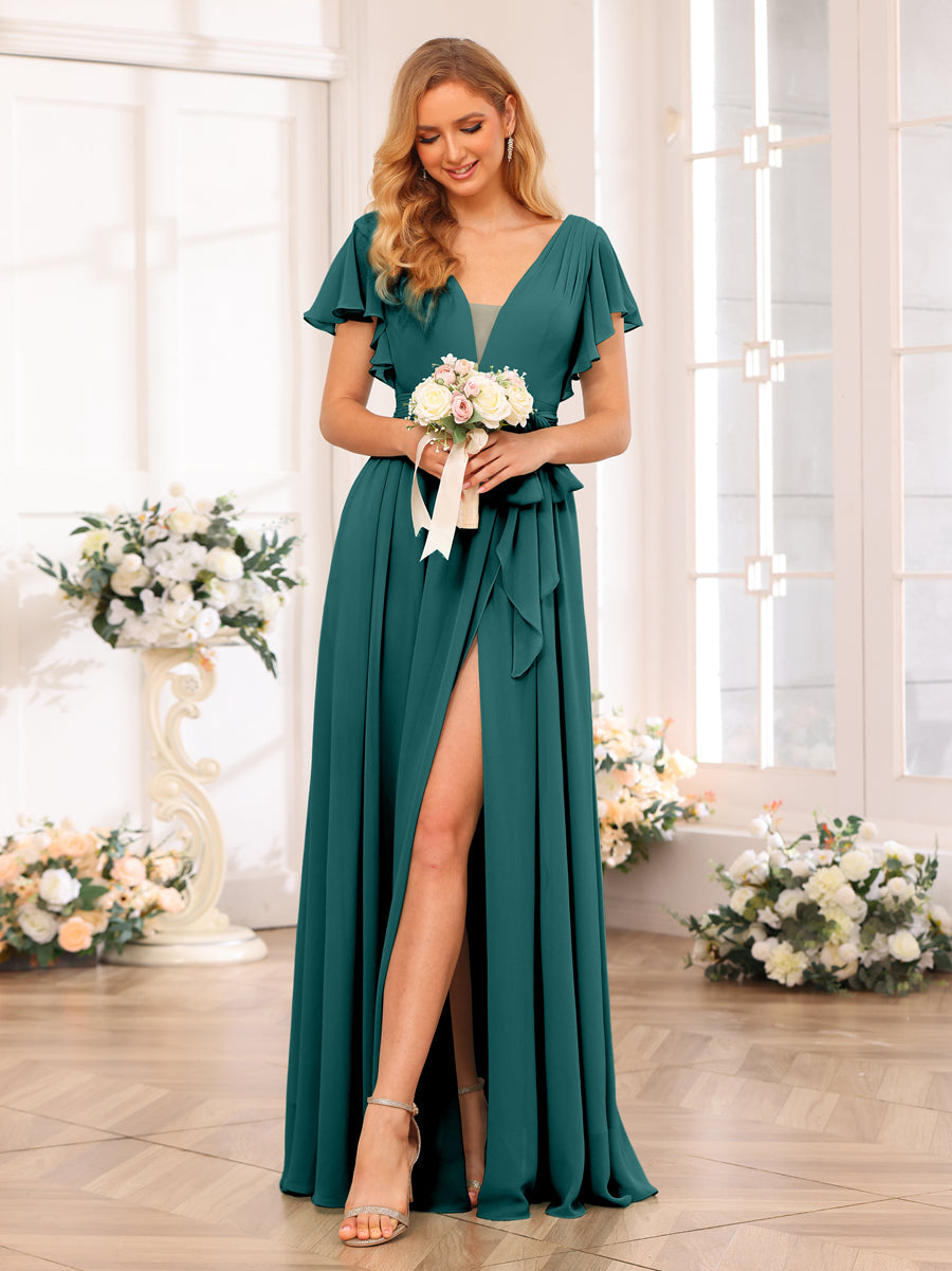 A-Line/Princess V-Neck Long Wedding Party Dresses with Split Side &amp; Sash
