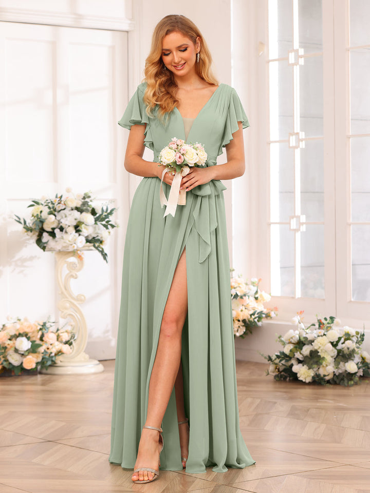 A-Line/Princess V-Neck Long Wedding Party Dresses with Split Side &amp; Sash