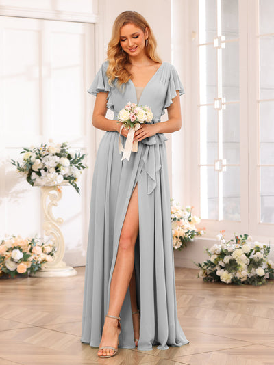 A-Line/Princess V-Neck Long Wedding Party Dresses with Split Side & Sash
