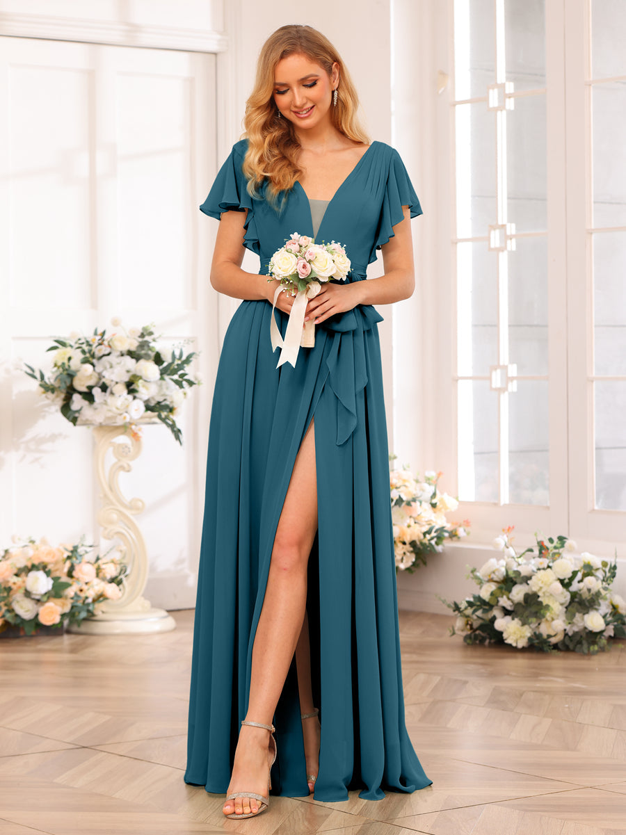 A-Line/Princess V-Neck Long Wedding Party Dresses with Split Side &amp; Sash