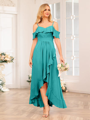 A-Line/Princess Spaghetti Straps Long Wedding Party Dresses with Ruffles