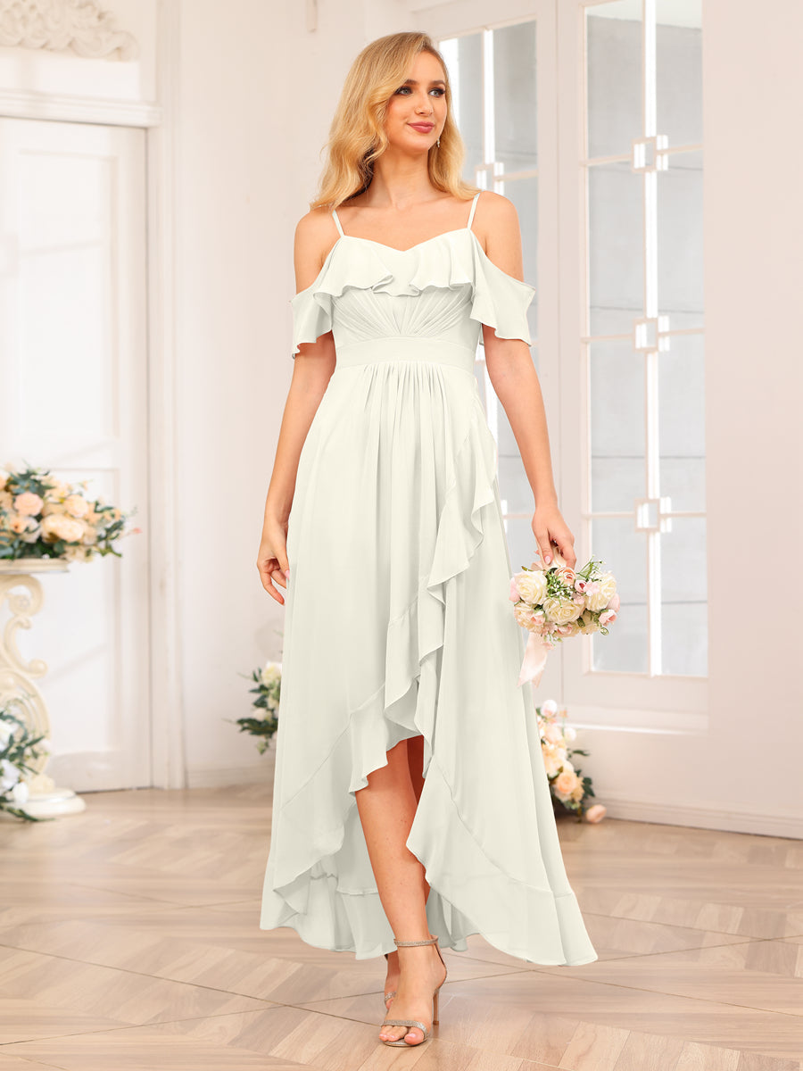A-Line/Princess Spaghetti Straps Long Wedding Party Dresses with Ruffles