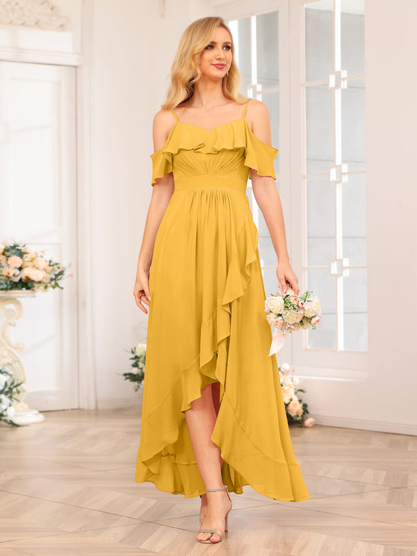 A-Line/Princess Spaghetti Straps Long Wedding Party Dresses with Ruffles