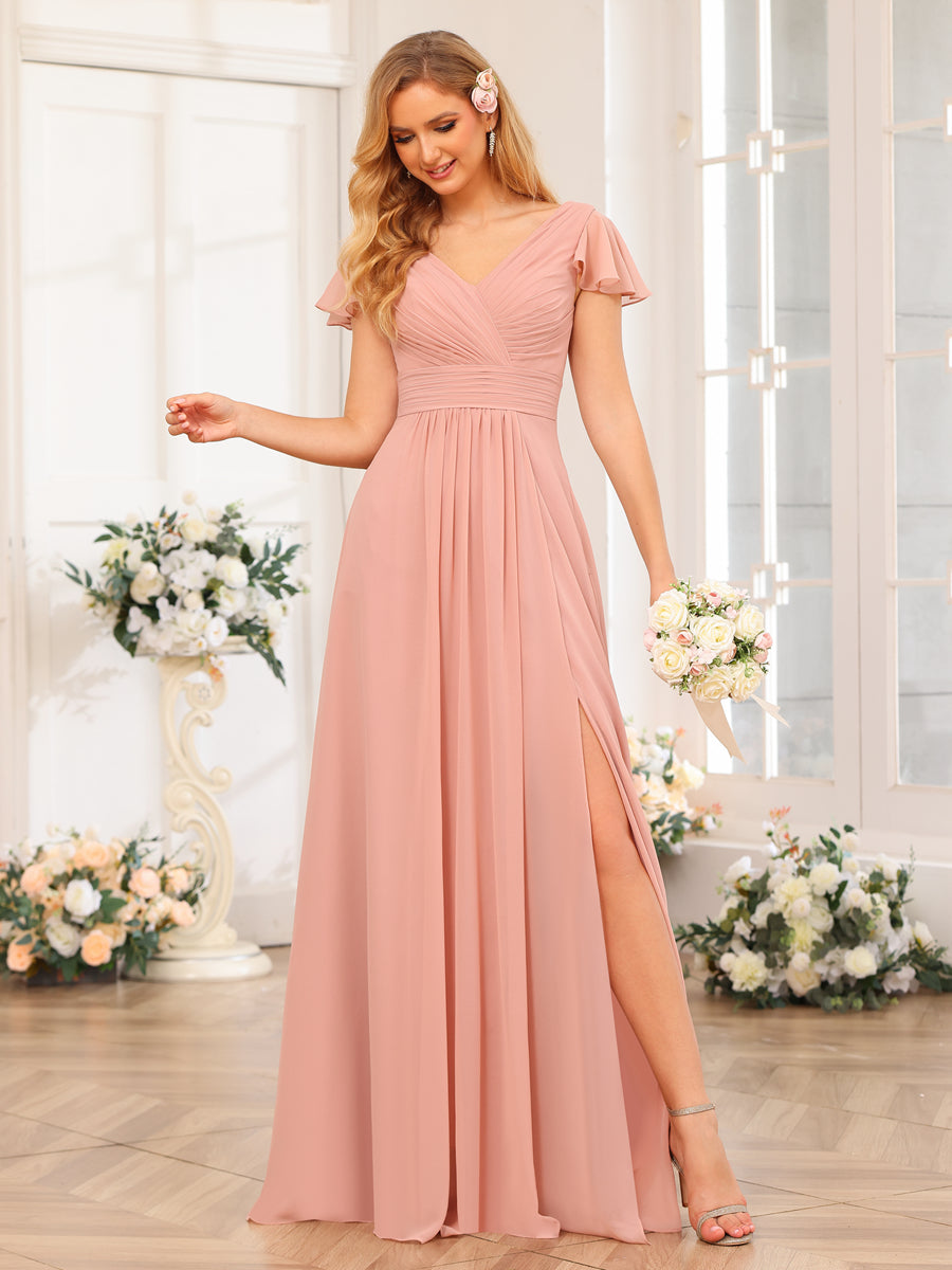 A-Line/Princess V-Neck Long Wedding Party Dresses with Split Side &amp; Pockets