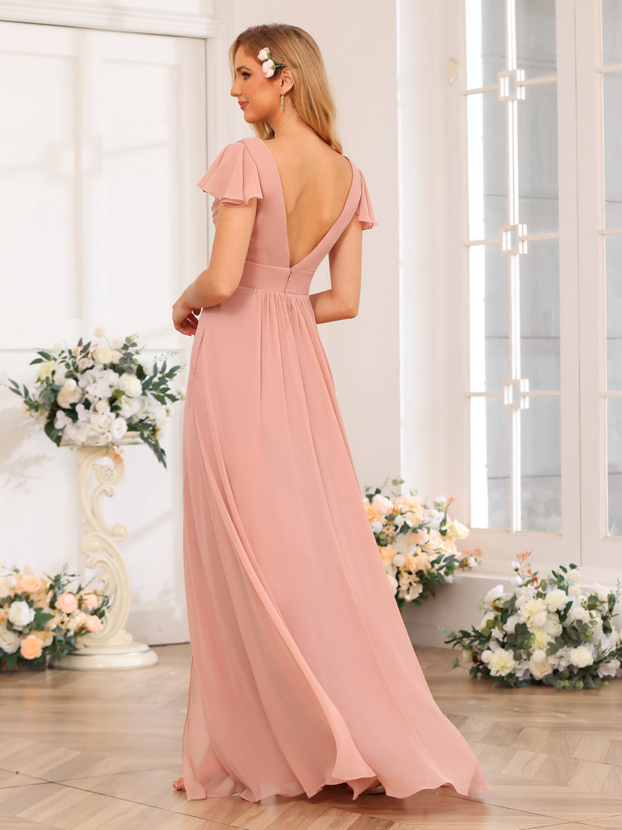 A-Line/Princess V-Neck Long Wedding Party Dresses with Split Side & Pockets