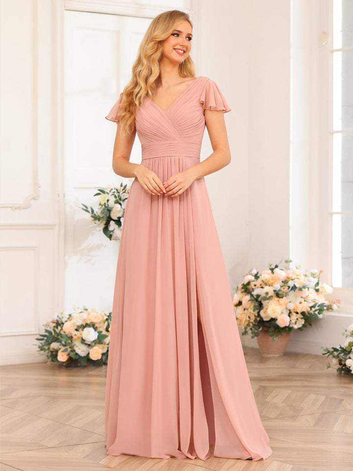 A-Line/Princess V-Neck Long Wedding Party Dresses with Split Side &amp; Pockets