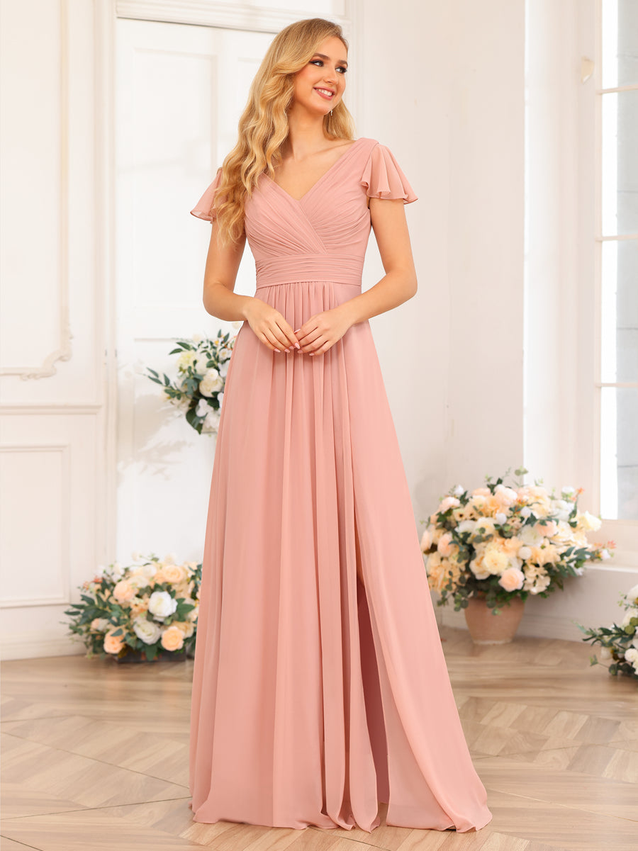 A-Line/Princess V-Neck Long Wedding Party Dresses with Split Side & Pockets