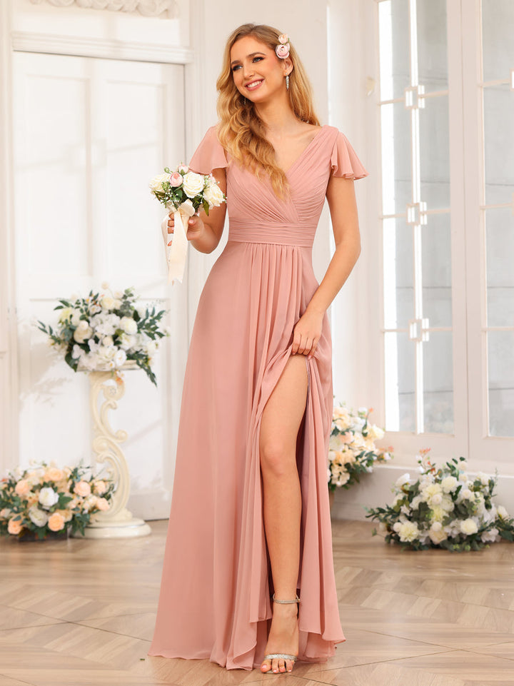 A-Line/Princess V-Neck Long Wedding Party Dresses with Split Side &amp; Pockets