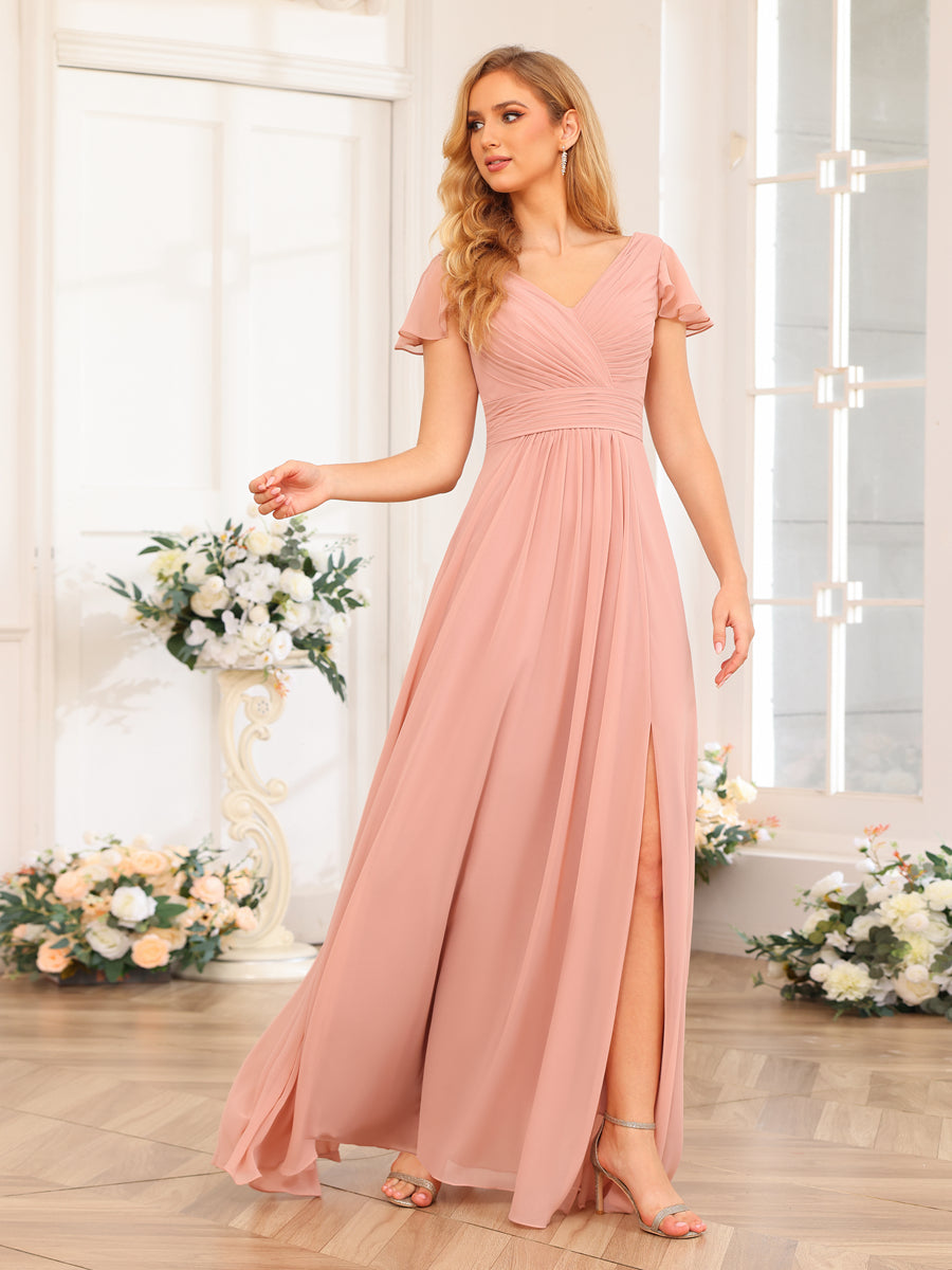 A-Line/Princess V-Neck Long Wedding Party Dresses with Split Side &amp; Pockets